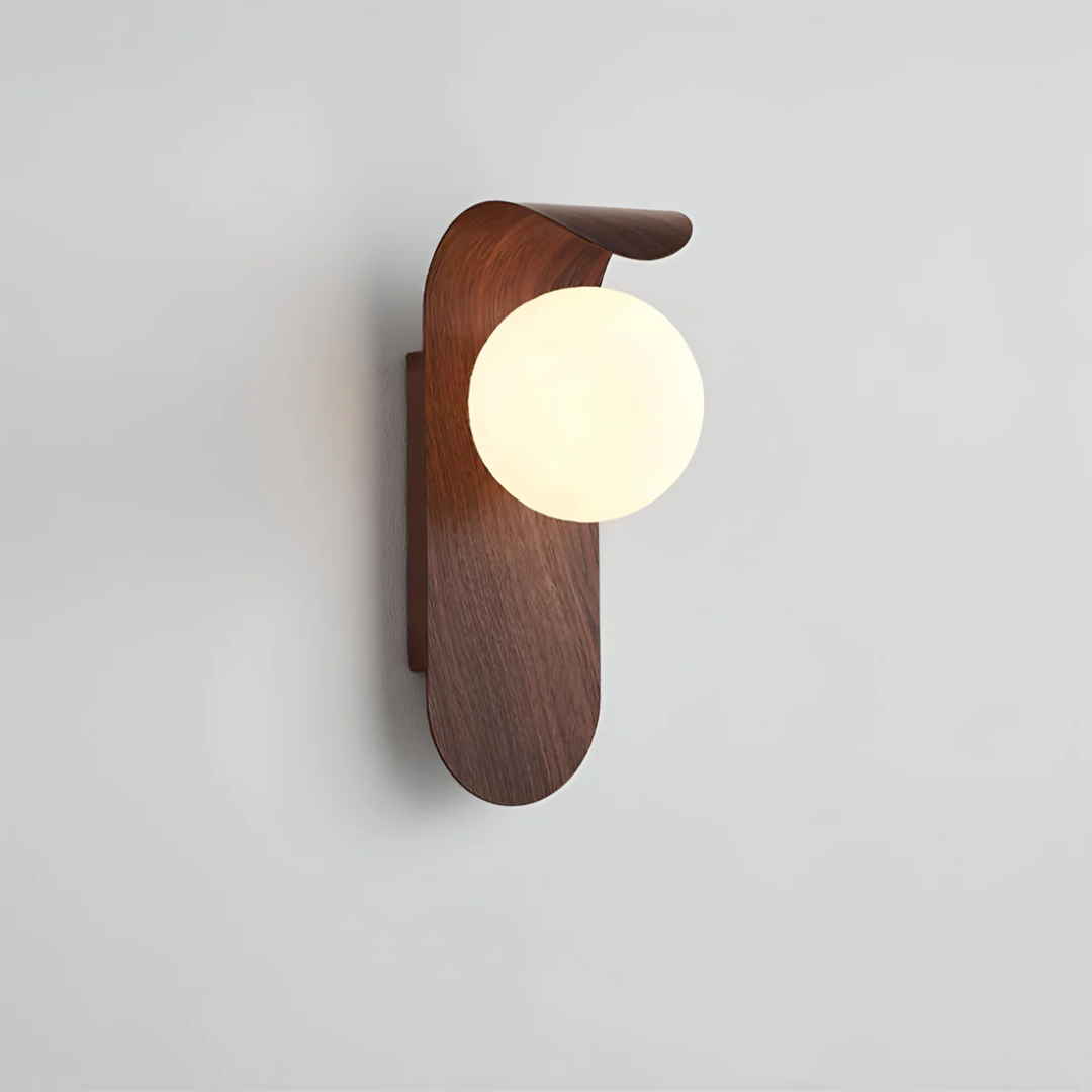 Modern LED Wall Sconce with Curved Wood Arm & Frosted Globe – Warm White Light for Bedroom, Living Room & Hallway – Natural or Walnut Finish | Thomler