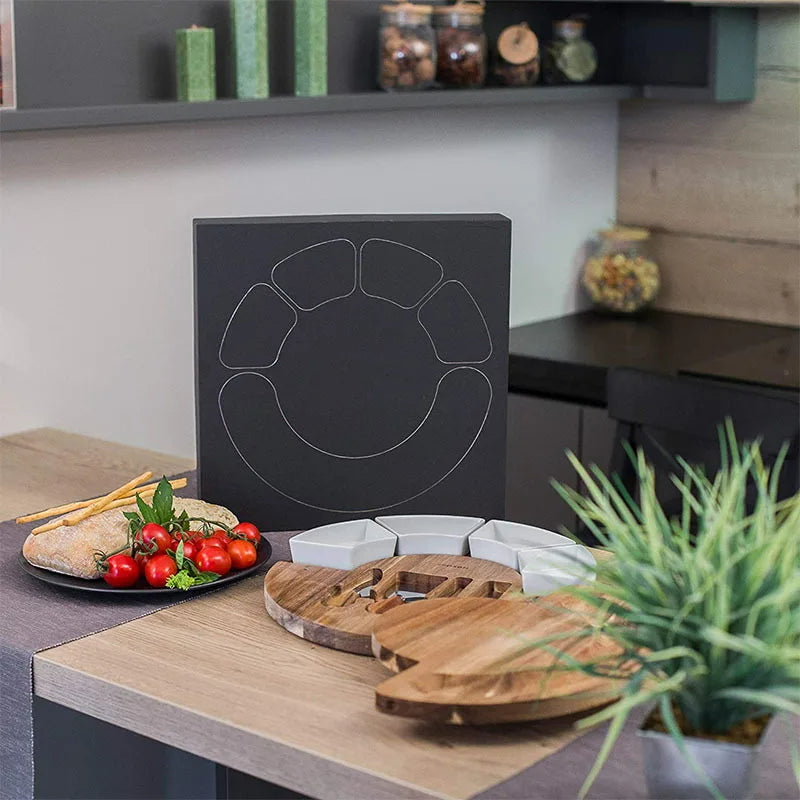 Round Wooden Serving Tray with Ceramic Dishes & Spreaders – 13-Inch Host Platter | Thomler