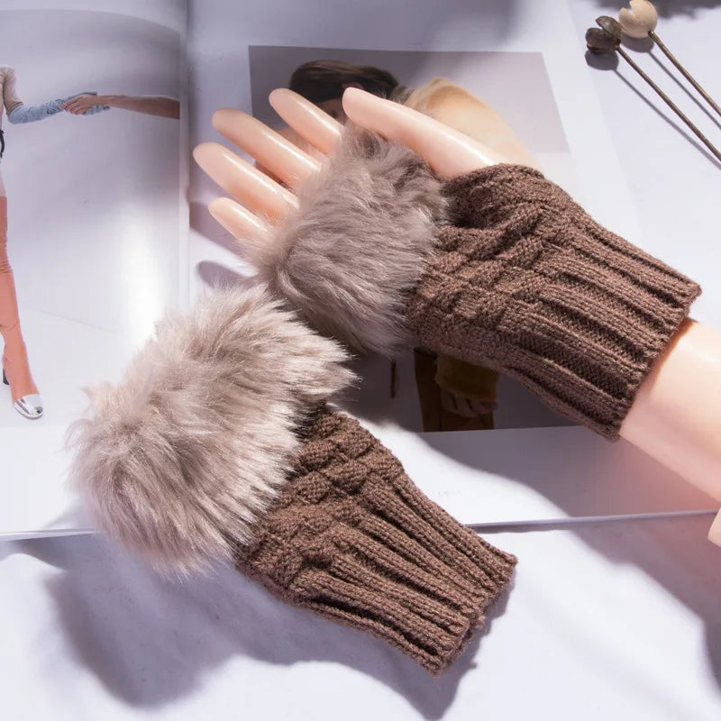 Soft Knit Fingerless Hand Warmers with Plush Faux Rabbit Fur Trim for Women – Stretchy Half-Finger Mittens for Texting & Typing in Cold | Thomler