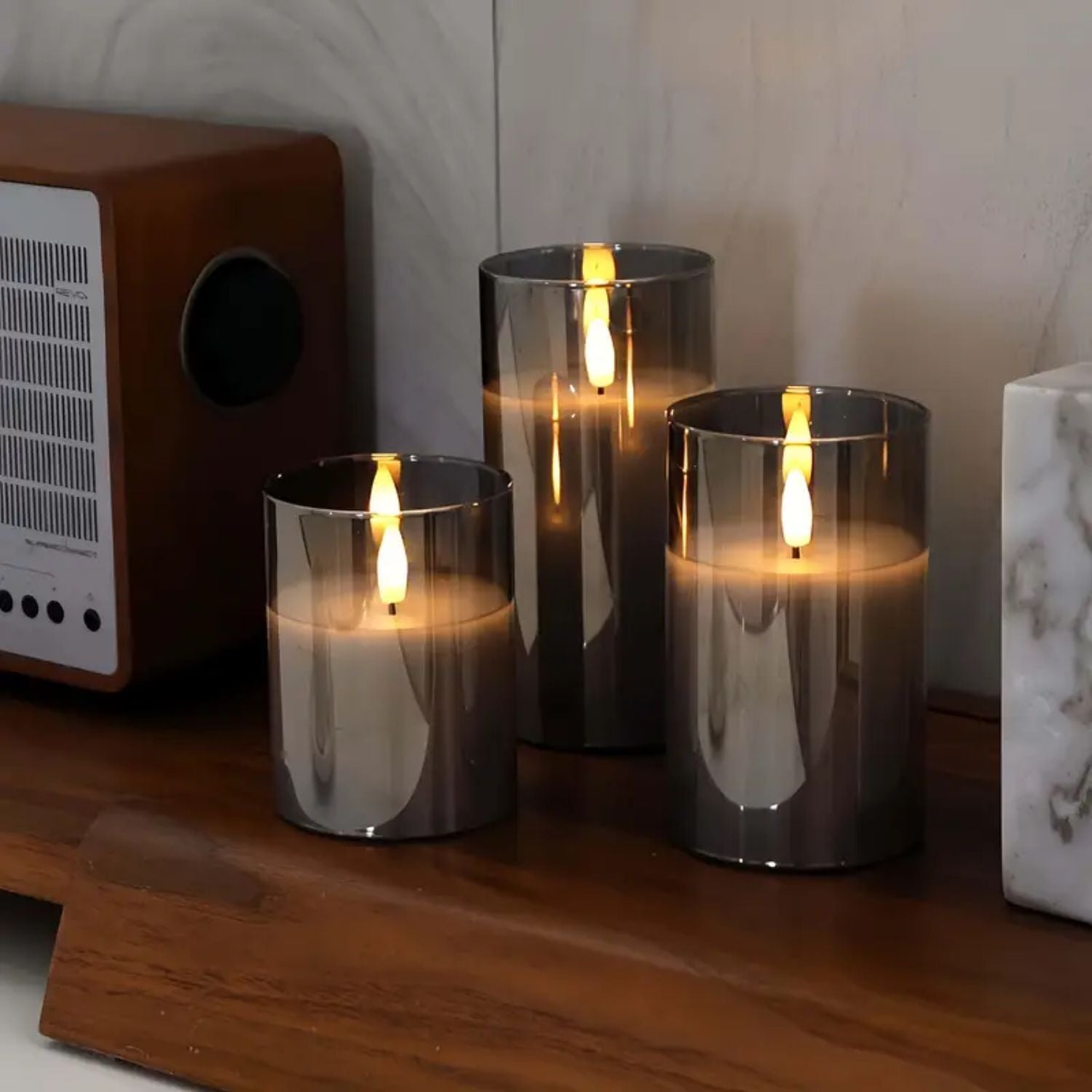 LED Candle Glass Smoke Finish Remote Control Indoor Mood Lighting Flameless Table Decoration Set | Thomler