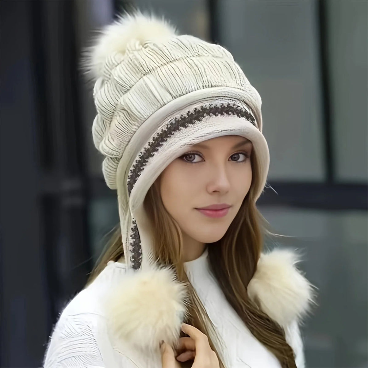 Cable-Knit Beanie with Earflaps & Fluffy Pom-Pom – Plush Inner Lining for Women | Slouchy Knit Cap for Cold Days | Thomler