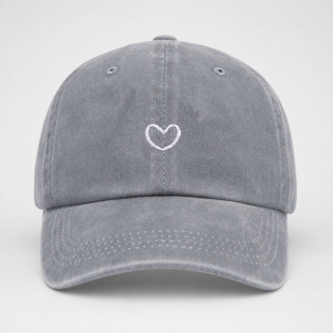 Washed Cotton Baseball Cap with Open-Back for High Ponytails & Messy Buns – Adjustable Retro Style Hat with Embroidered Heart | Thomler