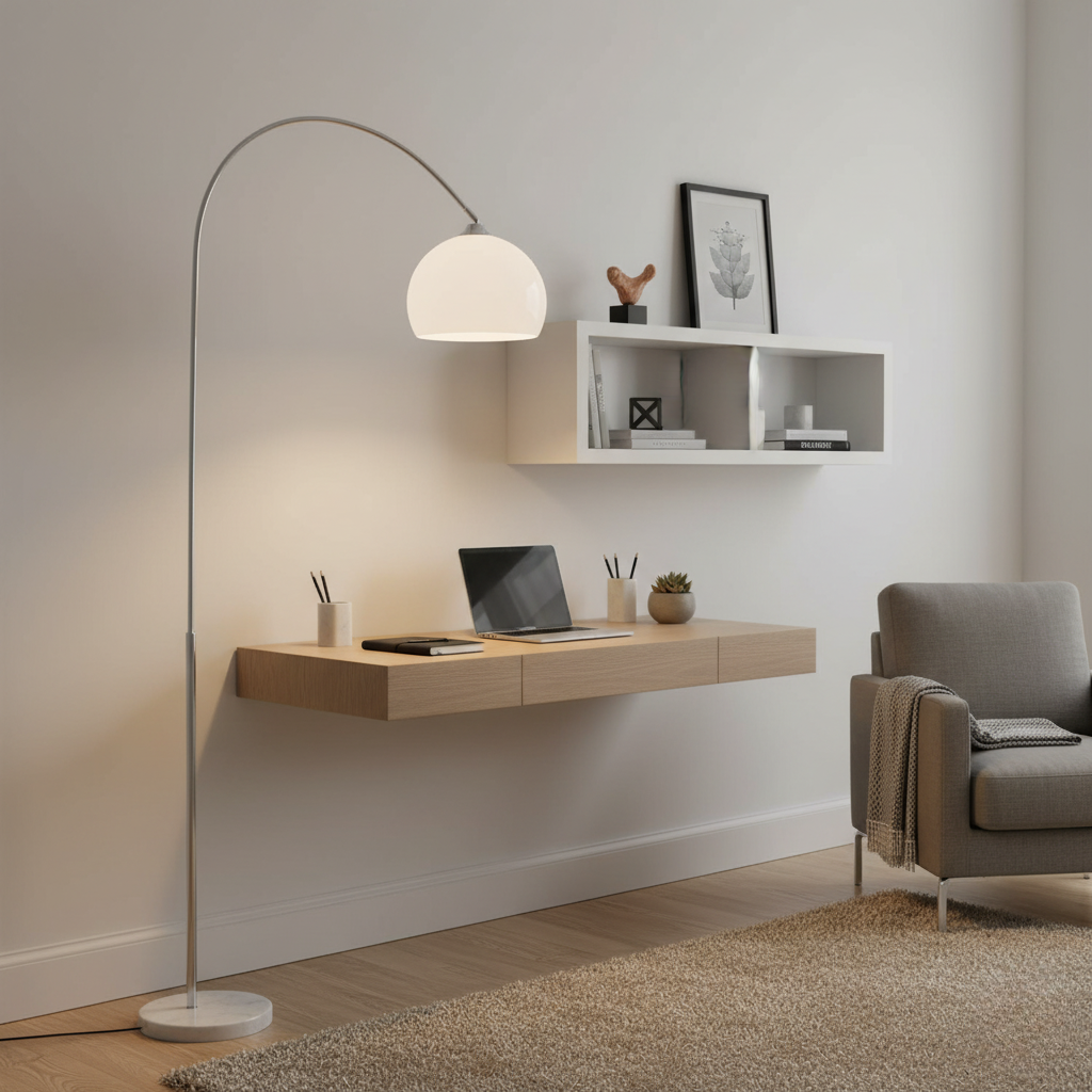 Arched Standing Light with Dome Shade & Marble Base – Modern Overhead Illumination for Living Room | Thomler