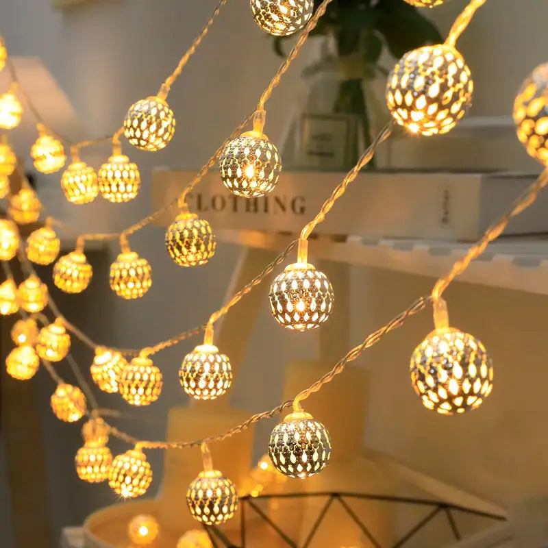 Moroccan Metal Globe String Lights Solar Powered Outdoor Patio Decor 20-30 Warm White LED Orbs Bohemian Weatherproof Garden Balcony | Thomler