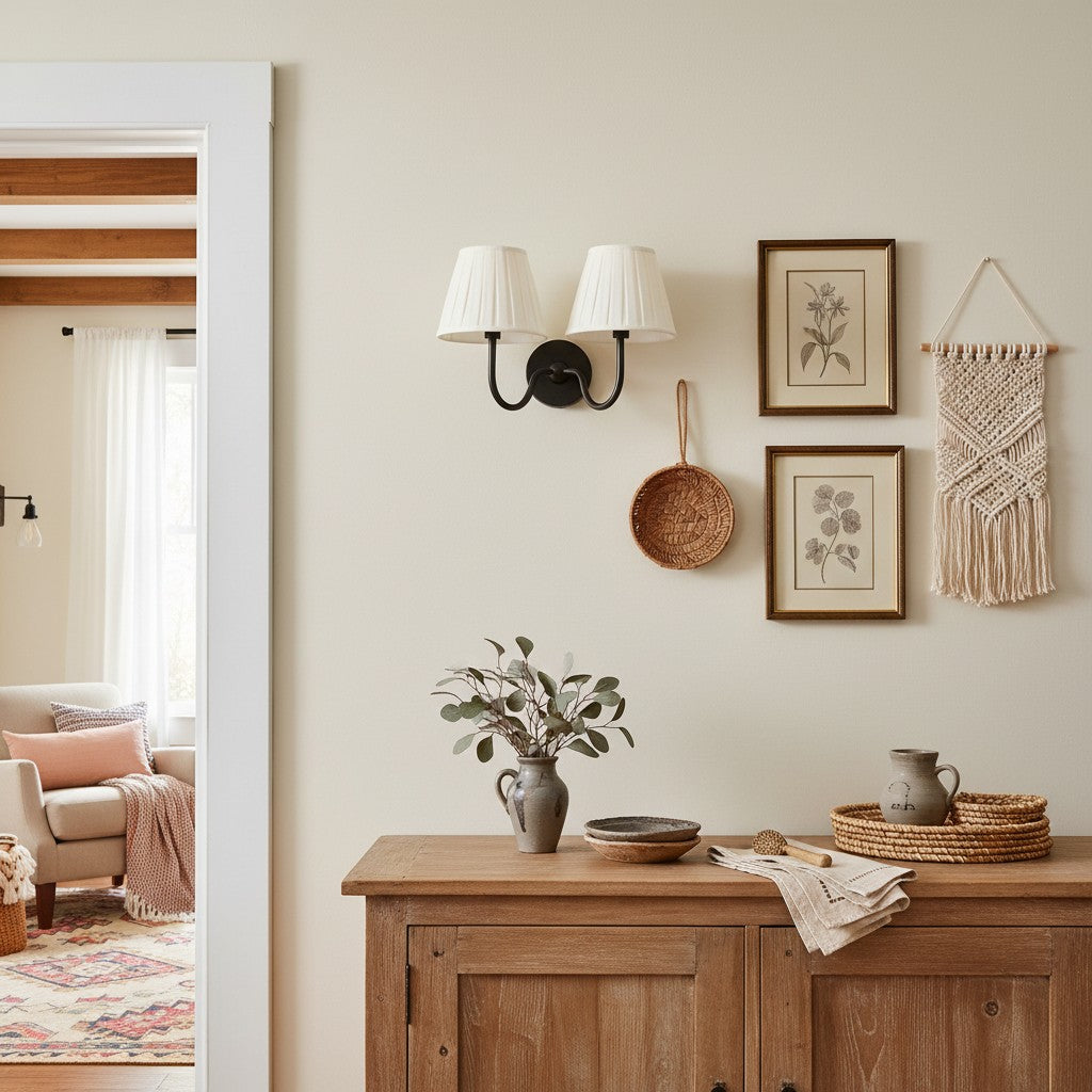 Brass Sconce with Fabric Drum Shade – 1 or 2 Light Hardwired Fixture for Bedroom, Hallway & Living Room | Thomler