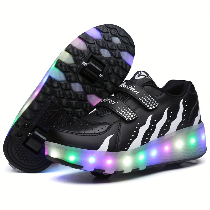 Roller Sneakers Faux Leather LED Sole Pink Children Outdoor Play Detachable Wheel Light Up Shoes Double Velcro | Thomler
