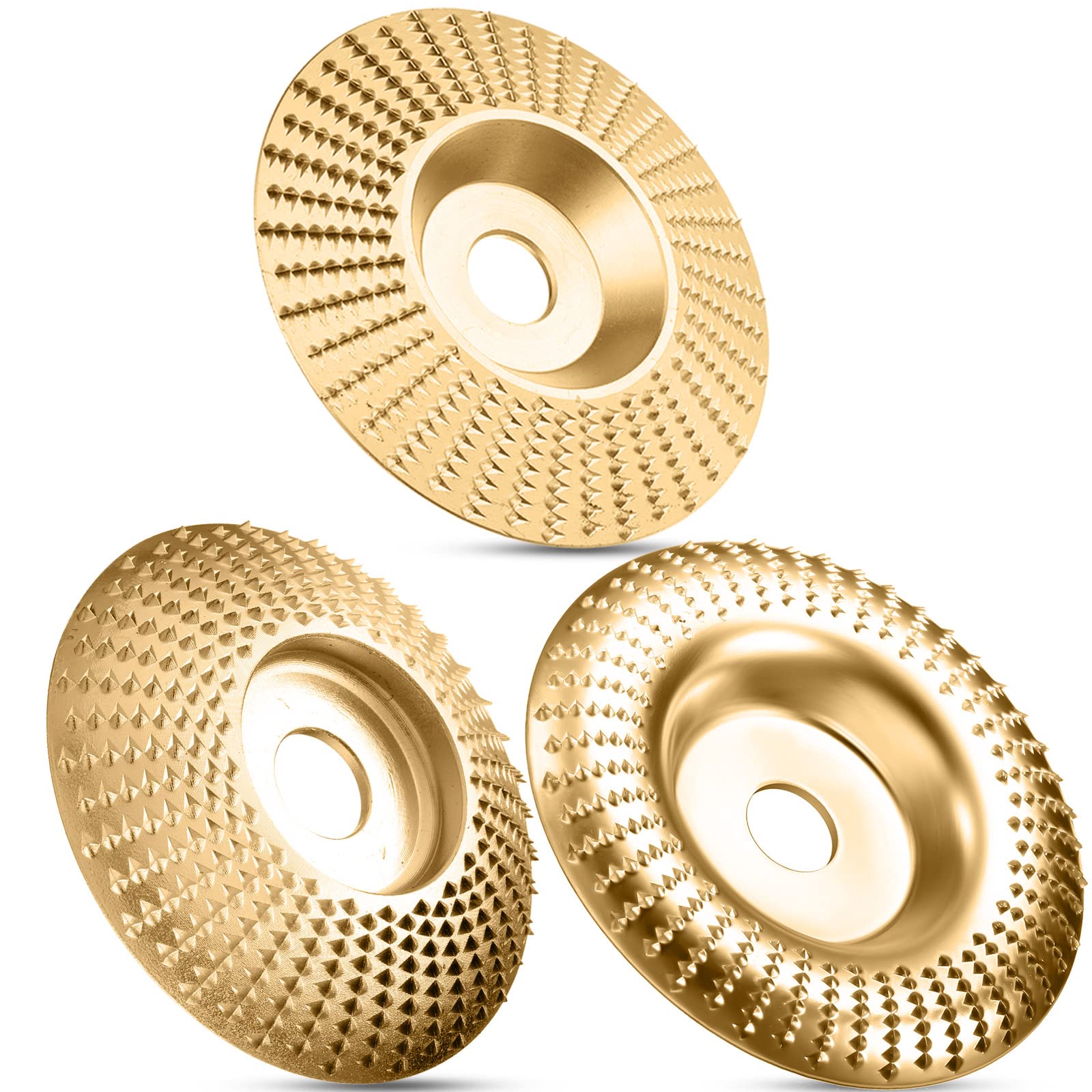 Carbide Abrasive Disc Set for Angle Grinders Gold 3-Piece Wood Shaping Kit Flat Bevel Arc 4 Inch for Woodworking Carving Sanding | Thomler
