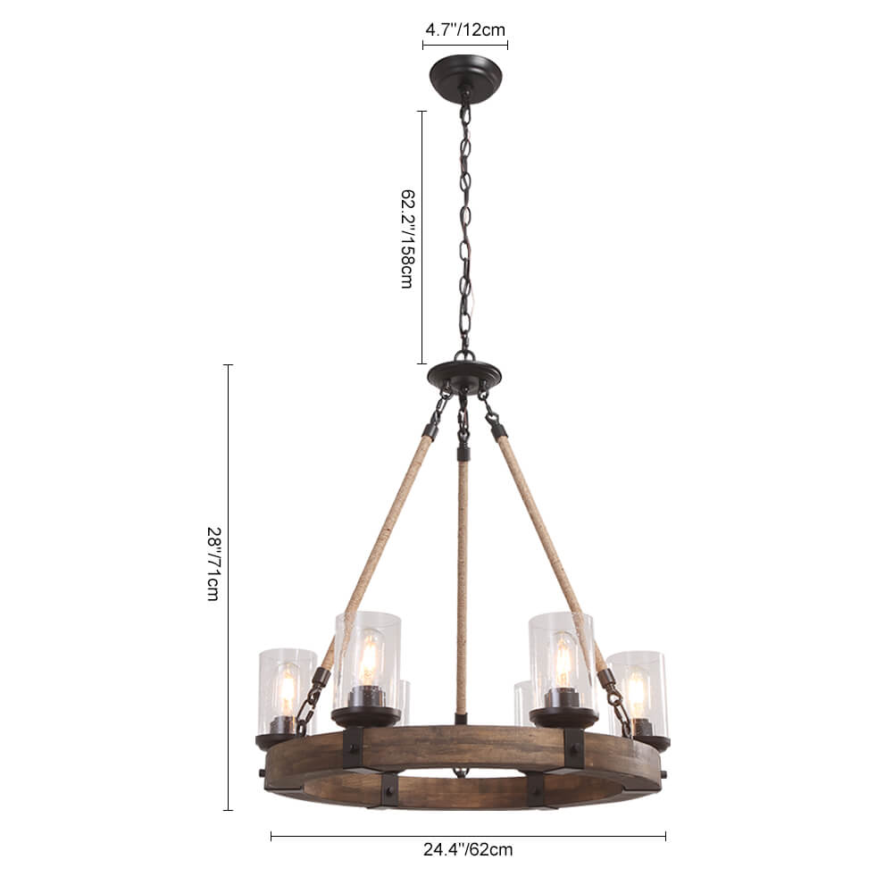 Rustic Wagon Wheel Ceiling Fixture with Textured Glass – 6-Light Farmhouse Dining Room Chandelier for Kitchen Island & Living Room | Thomler