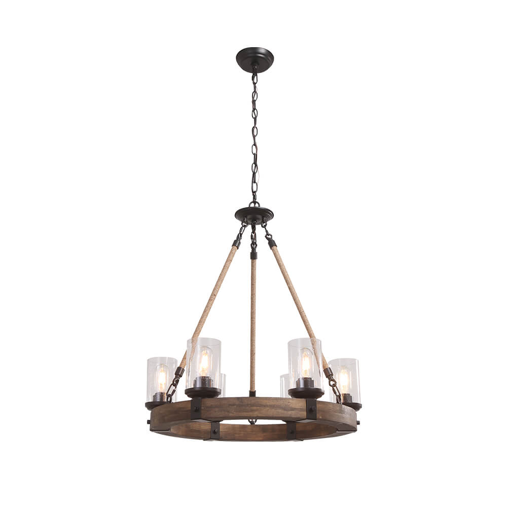 Rustic Wagon Wheel Ceiling Fixture with Textured Glass – 6-Light Farmhouse Dining Room Chandelier for Kitchen Island & Living Room | Thomler