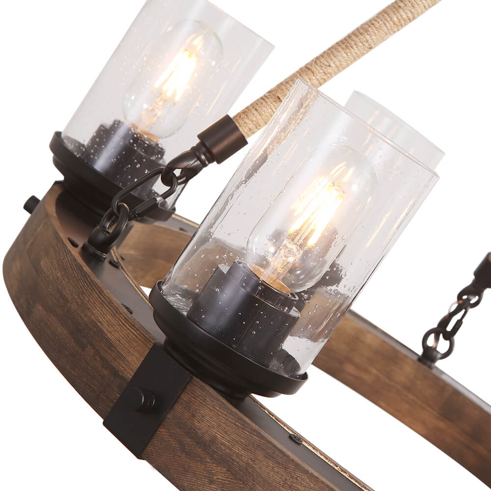 Rustic Wagon Wheel Ceiling Fixture with Textured Glass – 6-Light Farmhouse Dining Room Chandelier for Kitchen Island & Living Room | Thomler
