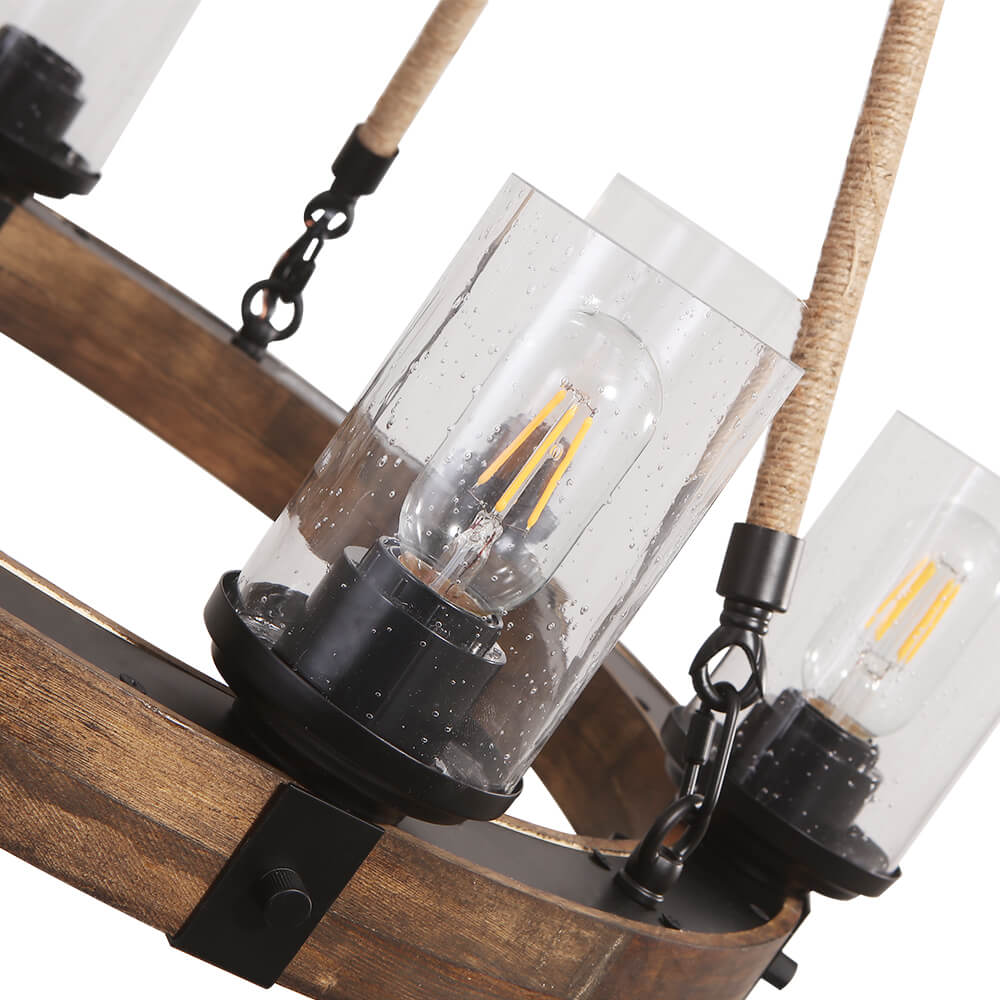 Rustic Wagon Wheel Ceiling Fixture with Textured Glass – 6-Light Farmhouse Dining Room Chandelier for Kitchen Island & Living Room | Thomler