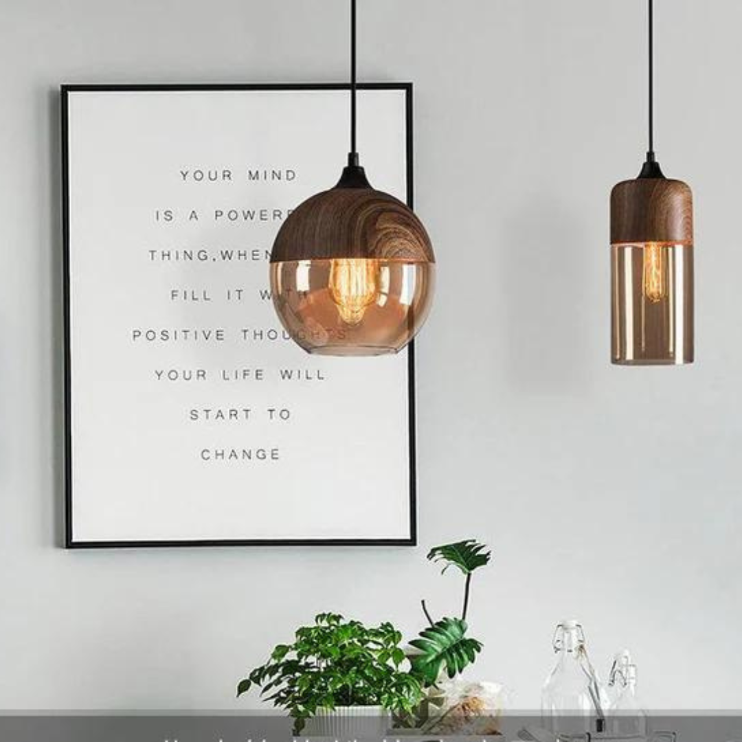 Glass Pendant Light with Wood-Look Metal – Scandinavian Hanging Fixture for Dining Room, Bedroom & Living Room | Thomler