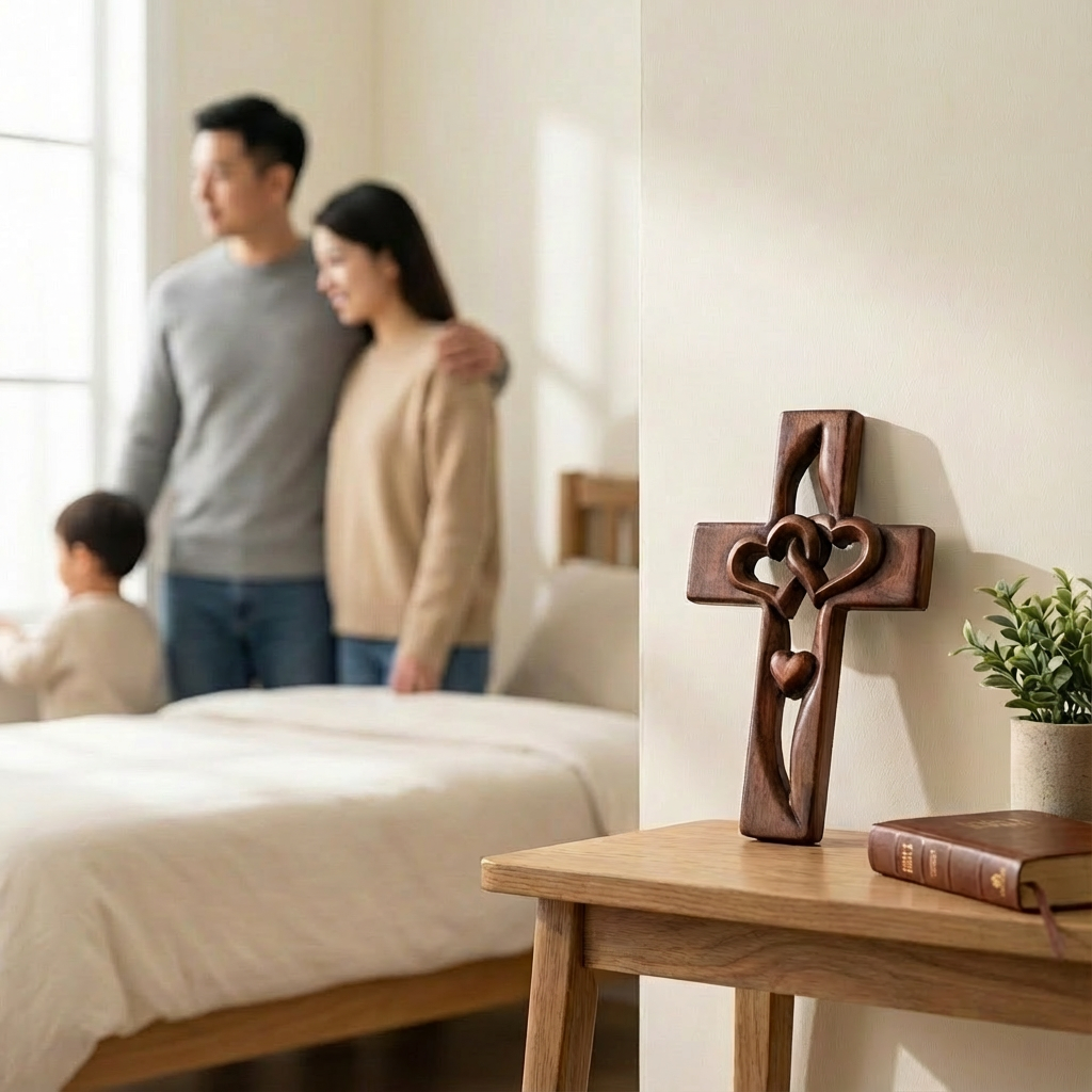 Wooden Cross Wall Art with Dual Hearts for Living Room Bedroom Entryway Faith Decor Handcrafted Religious Symbol | Thomler