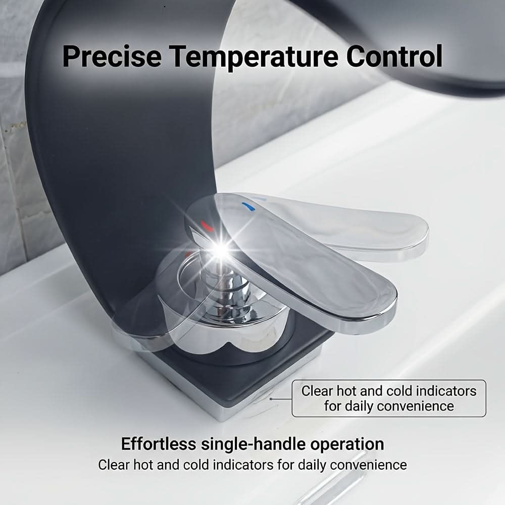 Curved Waterfall Bathroom Sink Faucet with Mirror Finish – Single Handle Hot & Cold Mixer Tap for Modern Vanity & Basin – Polished | Thomler