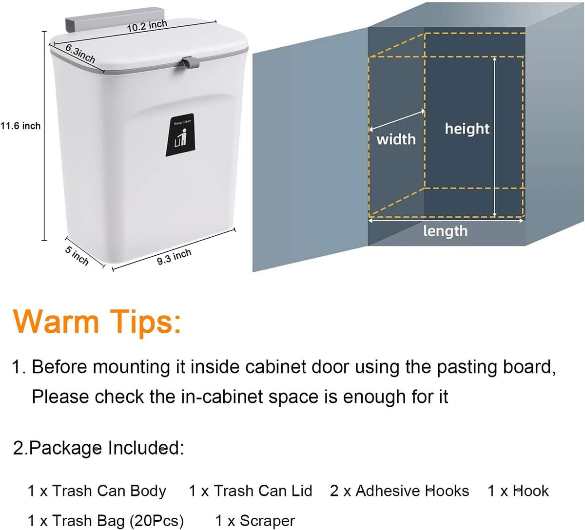 Wall-Mounted Kitchen Scrap Container 2.4 Gallon with Airtight Seal for Under Cabinet or Door Use | Thomler