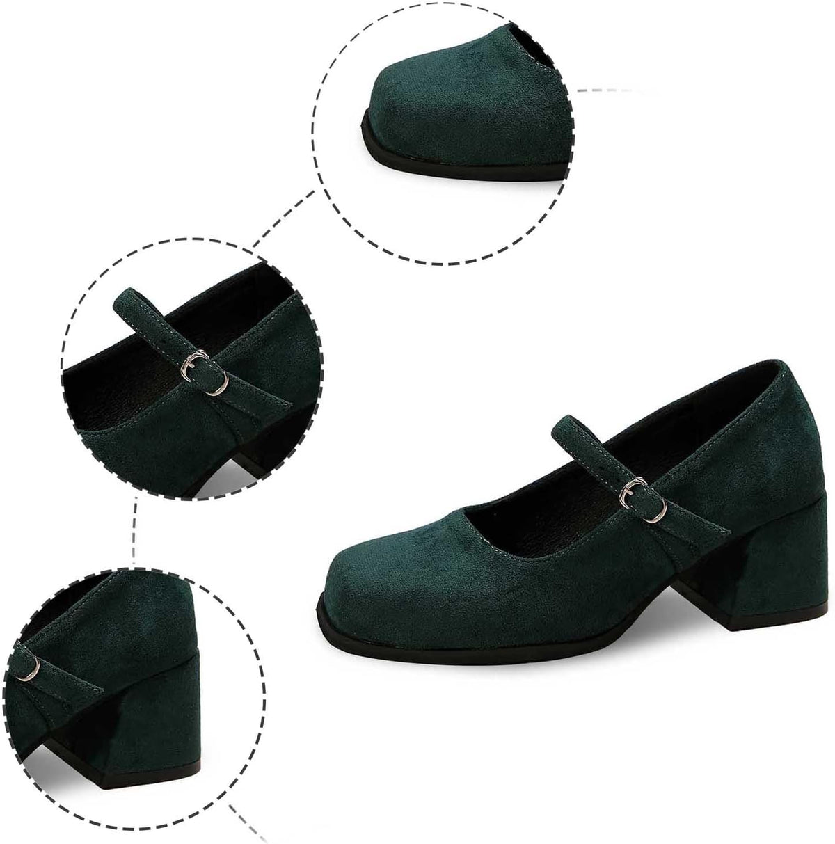 Women's Suede Block-Heel Pumps with Adjustable Buckle Strap | Thomler