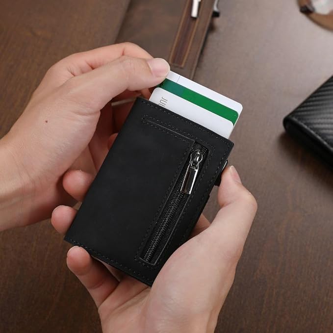 RFID-Blocking Slim Wallet with Quick-Access Card Slide for Men & Women, Genuine Leather & Aluminum Construction with Coin Pocket | Thomler