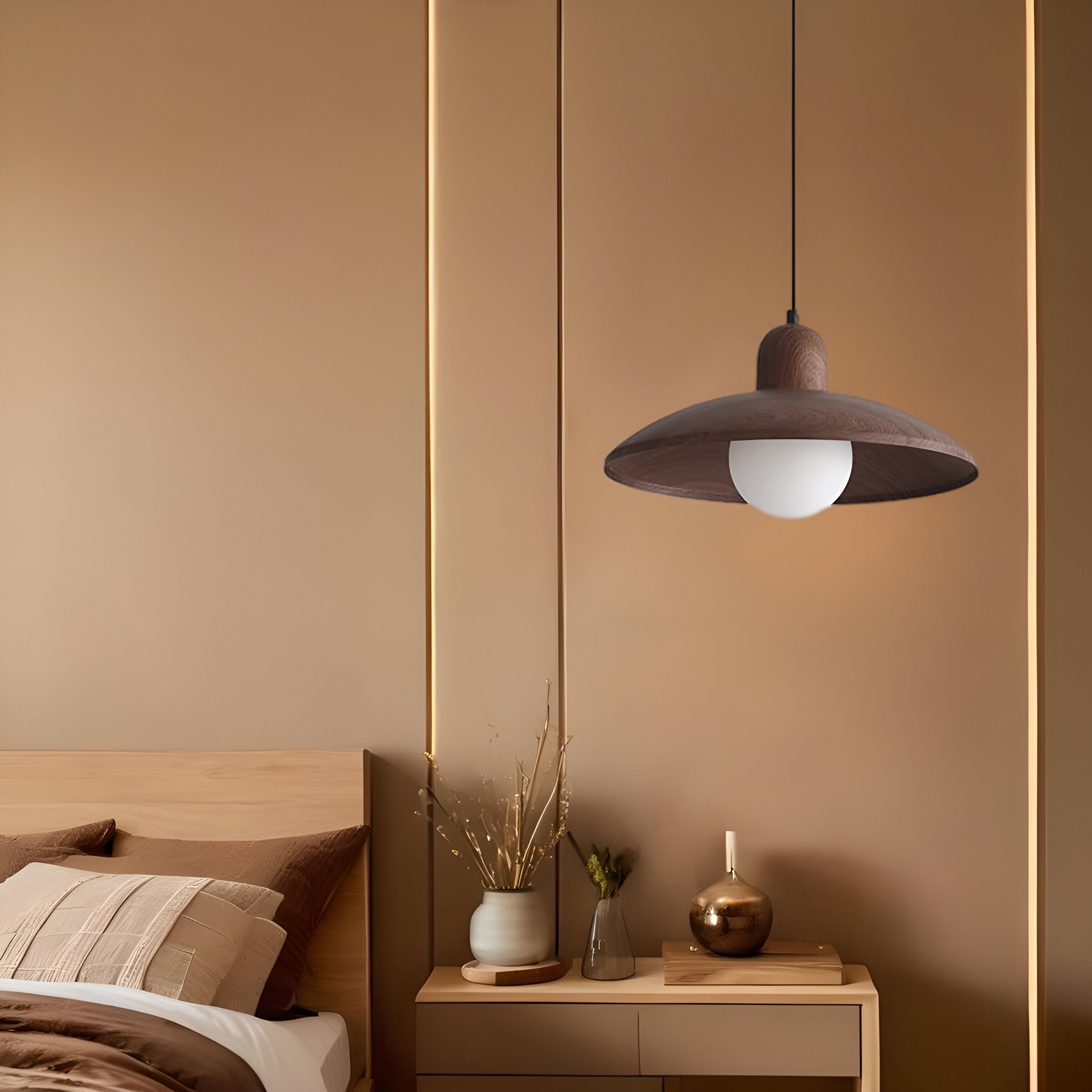 Pendant Light Wood Dome 11.8 in Walnut Dining Room Kitchen Island Hanging Ceiling Lamp Minimalist Japandi Style | Thomler