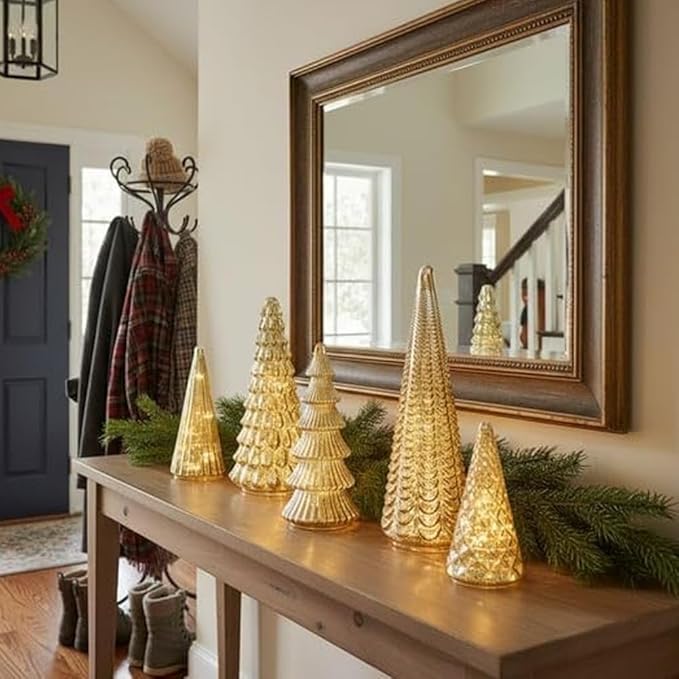 LED Crystal Christmas Tree Set of 5 with Timer – Battery Operated Tabletop Holiday Décor for Living Room, Mantel & Windowsill | Thomler