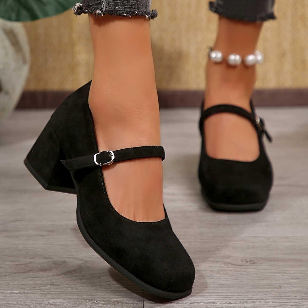 Women's Suede Block-Heel Pumps with Adjustable Buckle Strap | Thomler