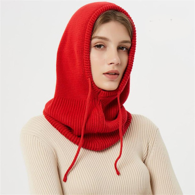 Hooded Knit Hat with Drawstring Adjustable Fit Cold Weather Headwear for Women Fall Season Accessory | Thomler
