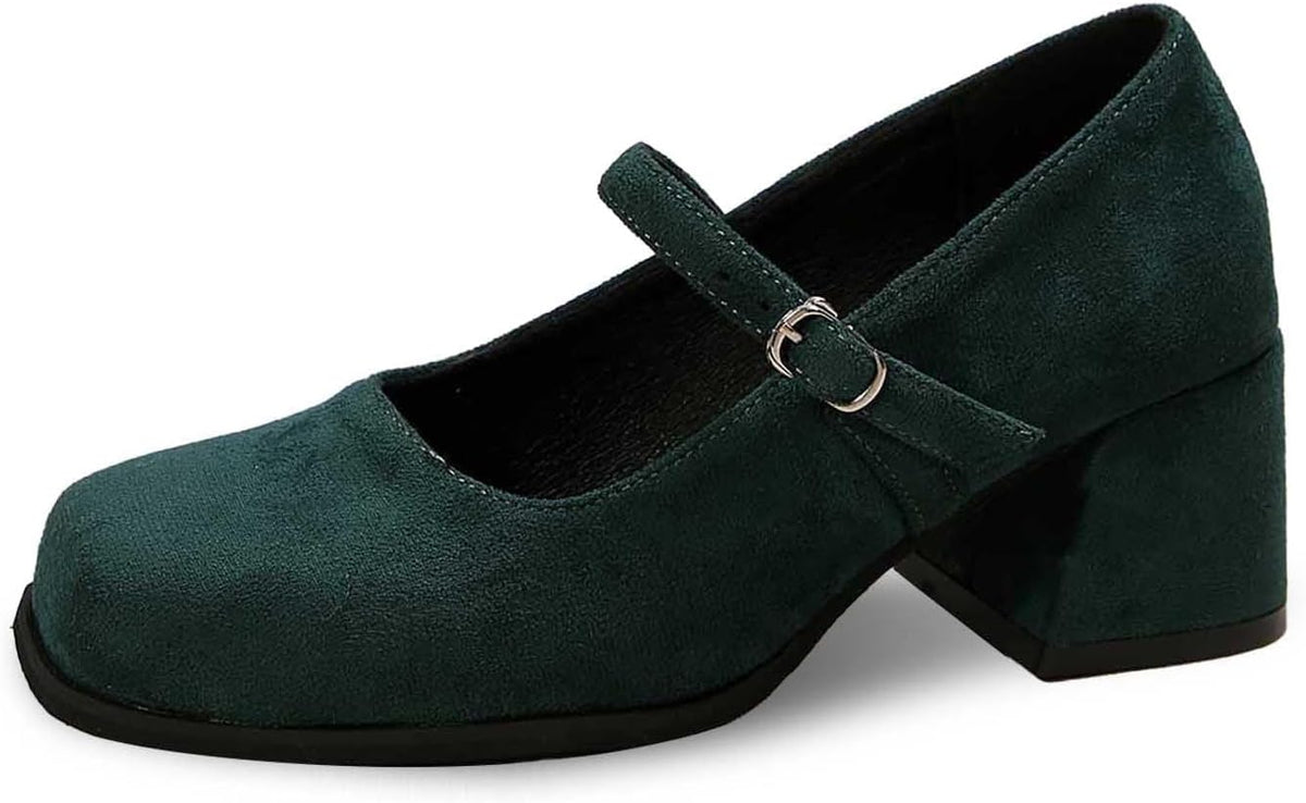 Women's Suede Block-Heel Pumps with Adjustable Buckle Strap | Thomler