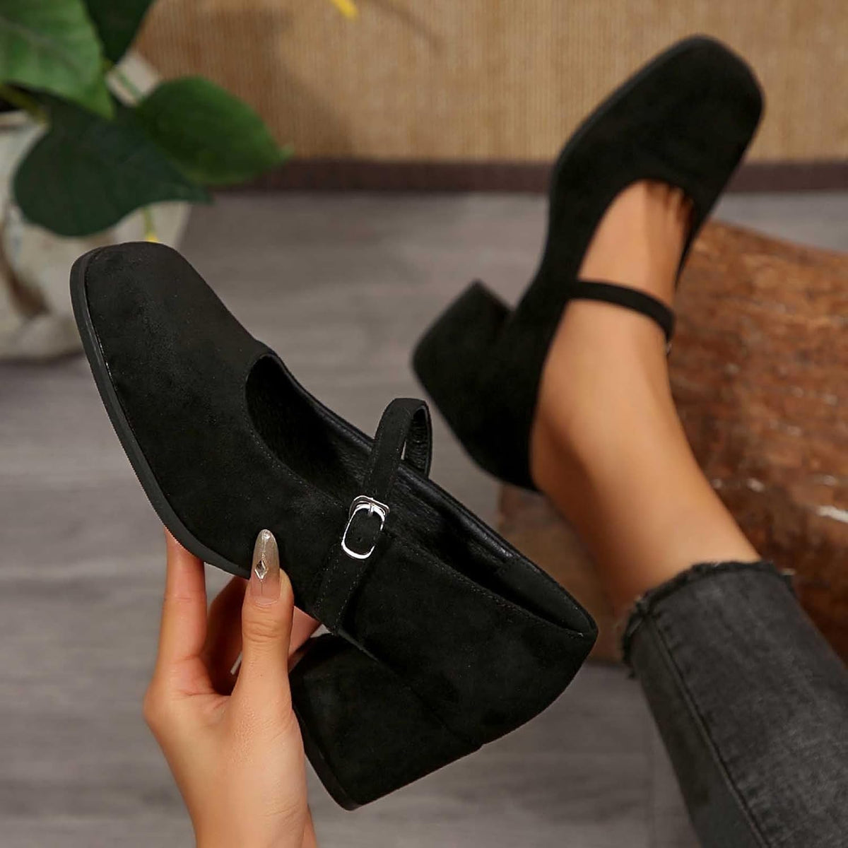 Women's Suede Block-Heel Pumps with Adjustable Buckle Strap | Thomler