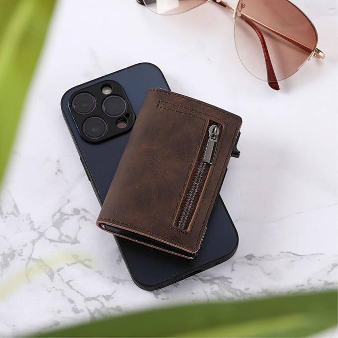 RFID-Blocking Slim Wallet with Quick-Access Card Slide for Men & Women, Genuine Leather & Aluminum Construction with Coin Pocket | Thomler