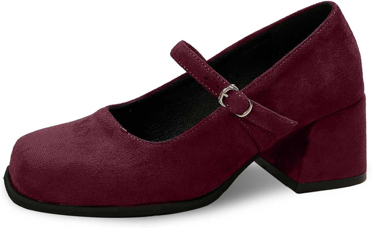 Women's Suede Block-Heel Pumps with Adjustable Buckle Strap | Thomler