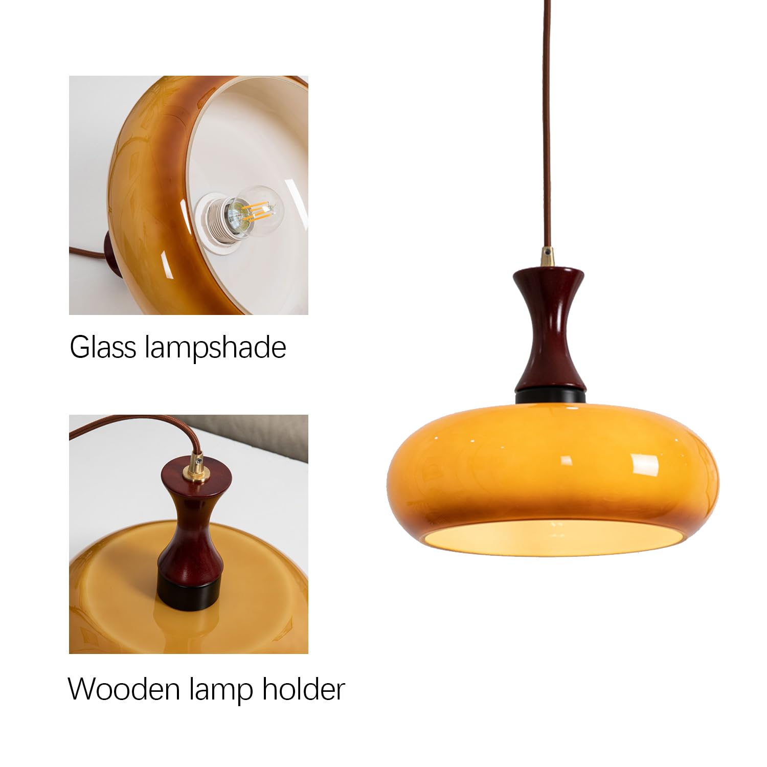 Pendant Light Glass And Wood 30.0 cm Warm Dining Room Living Room Bedroom Hanging Ceiling Lamp Retro Modern Vintage Atmosphere | Thomler