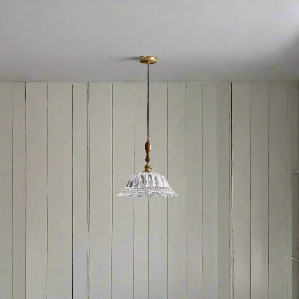 Walnut Wood & Brass Ceiling Fixture with Frosted Globe – Farmhouse Dining Room Overhead Lighting – Adjustable Drop Chandelier | Thomler