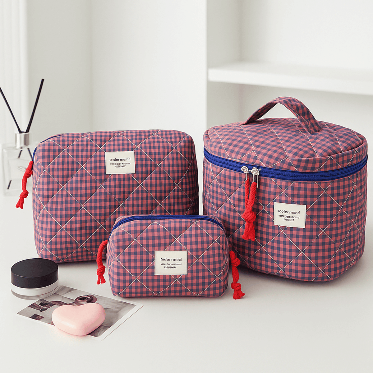 Padded Travel Makeup Organizer Trio with Lattice Quilting and Zipper Closure for Cosmetics, Toiletries & Skincare | Thomler