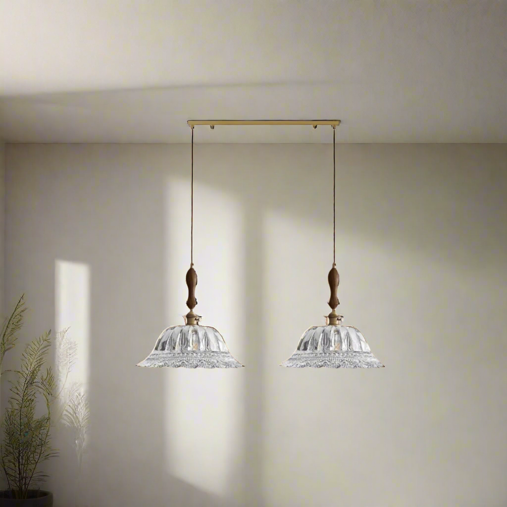 Walnut Wood & Brass Ceiling Fixture with Frosted Globe – Farmhouse Dining Room Overhead Lighting – Adjustable Drop Chandelier | Thomler