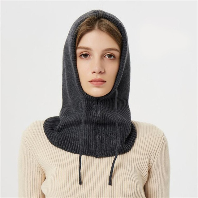 Hooded Knit Hat with Drawstring Adjustable Fit Cold Weather Headwear for Women Fall Season Accessory | Thomler