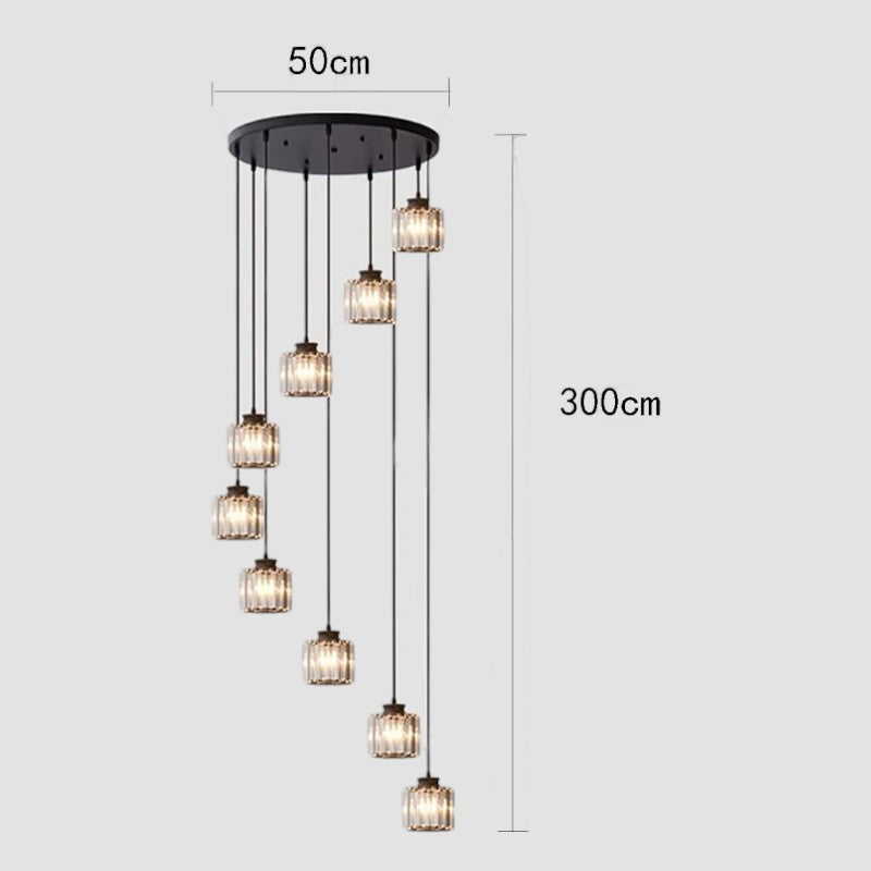 Cascading Faceted Glass Stairwell Fixture – Adjustable Height Multi-Pendant with Iron Canopy for Open Entryways & Two-Story Ceilings | Thomler
