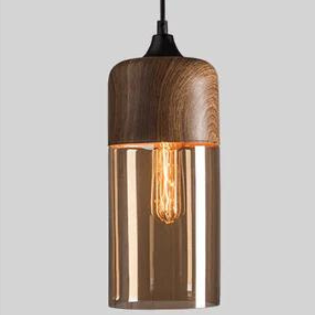 Glass Pendant Light with Wood-Look Metal – Scandinavian Hanging Fixture for Dining Room, Bedroom & Living Room | Thomler