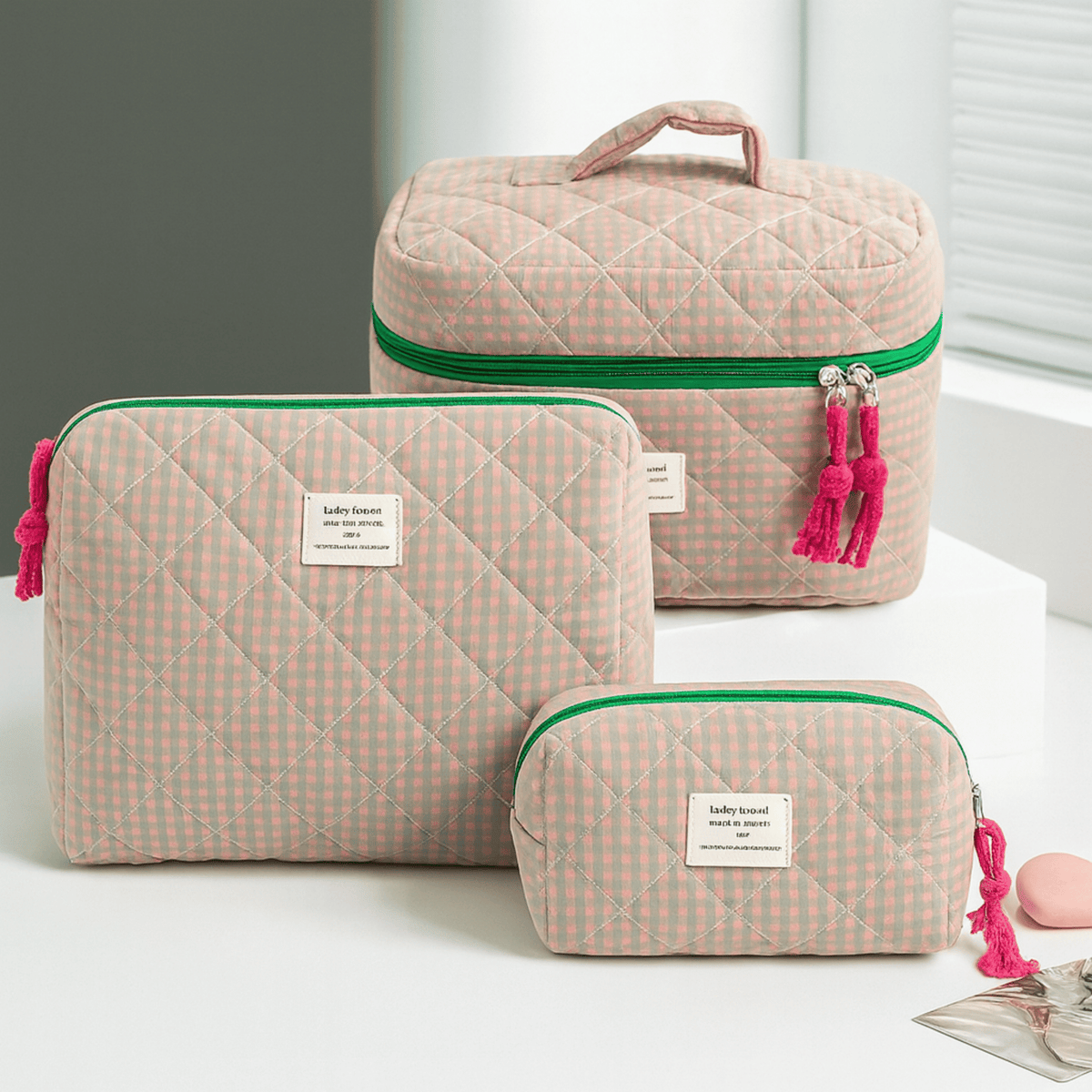 Padded Travel Makeup Organizer Trio with Lattice Quilting and Zipper Closure for Cosmetics, Toiletries & Skincare | Thomler