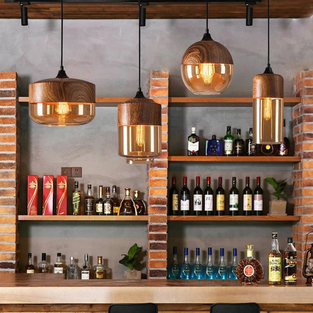 Glass Pendant Light with Wood-Look Metal – Scandinavian Hanging Fixture for Dining Room, Bedroom & Living Room | Thomler