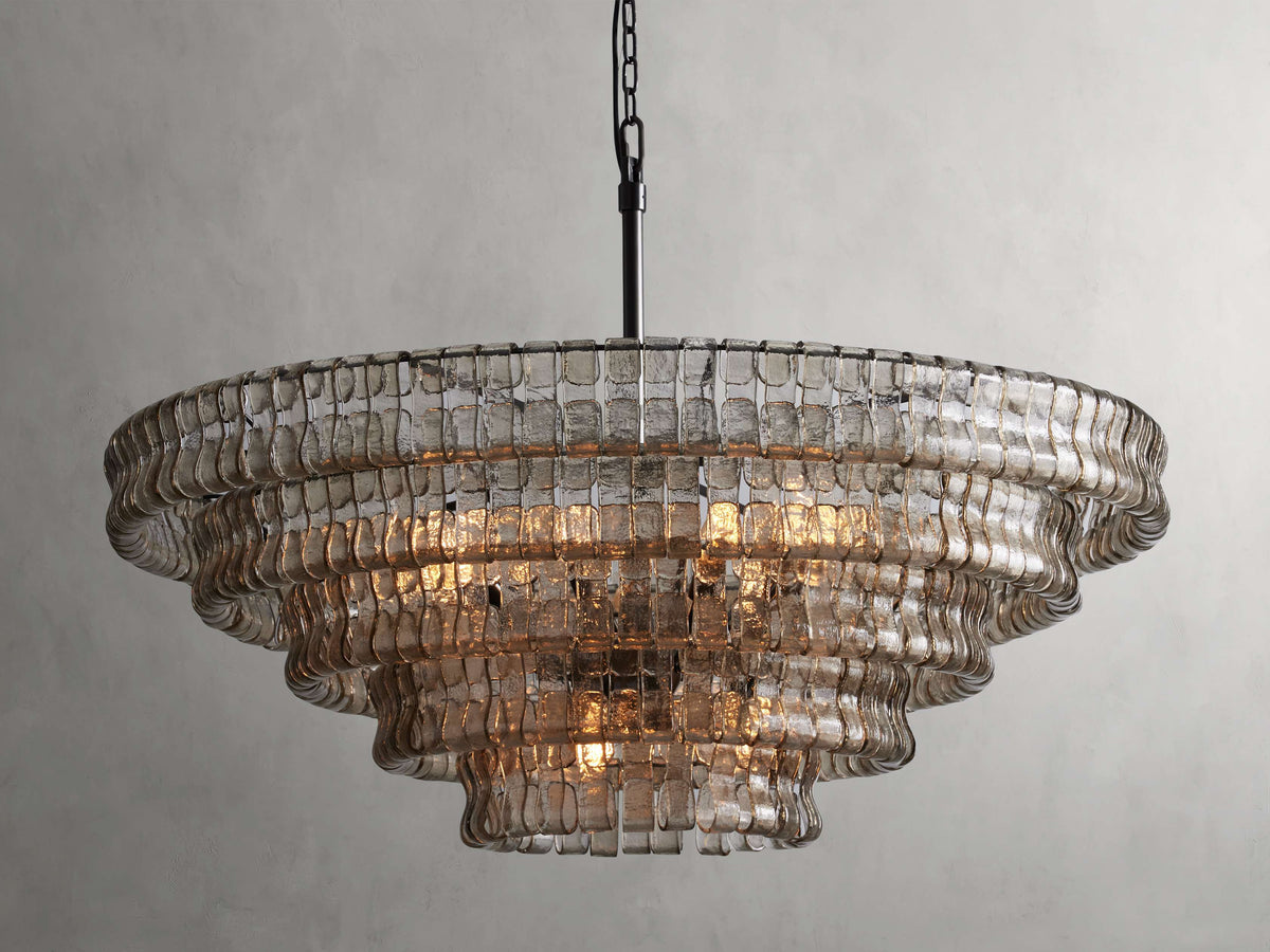 Textured Glass Round Chandelier with Curved Panels in Metallic Finish for Dining Room & Living Room | 24 to 60 Inch | Thomler