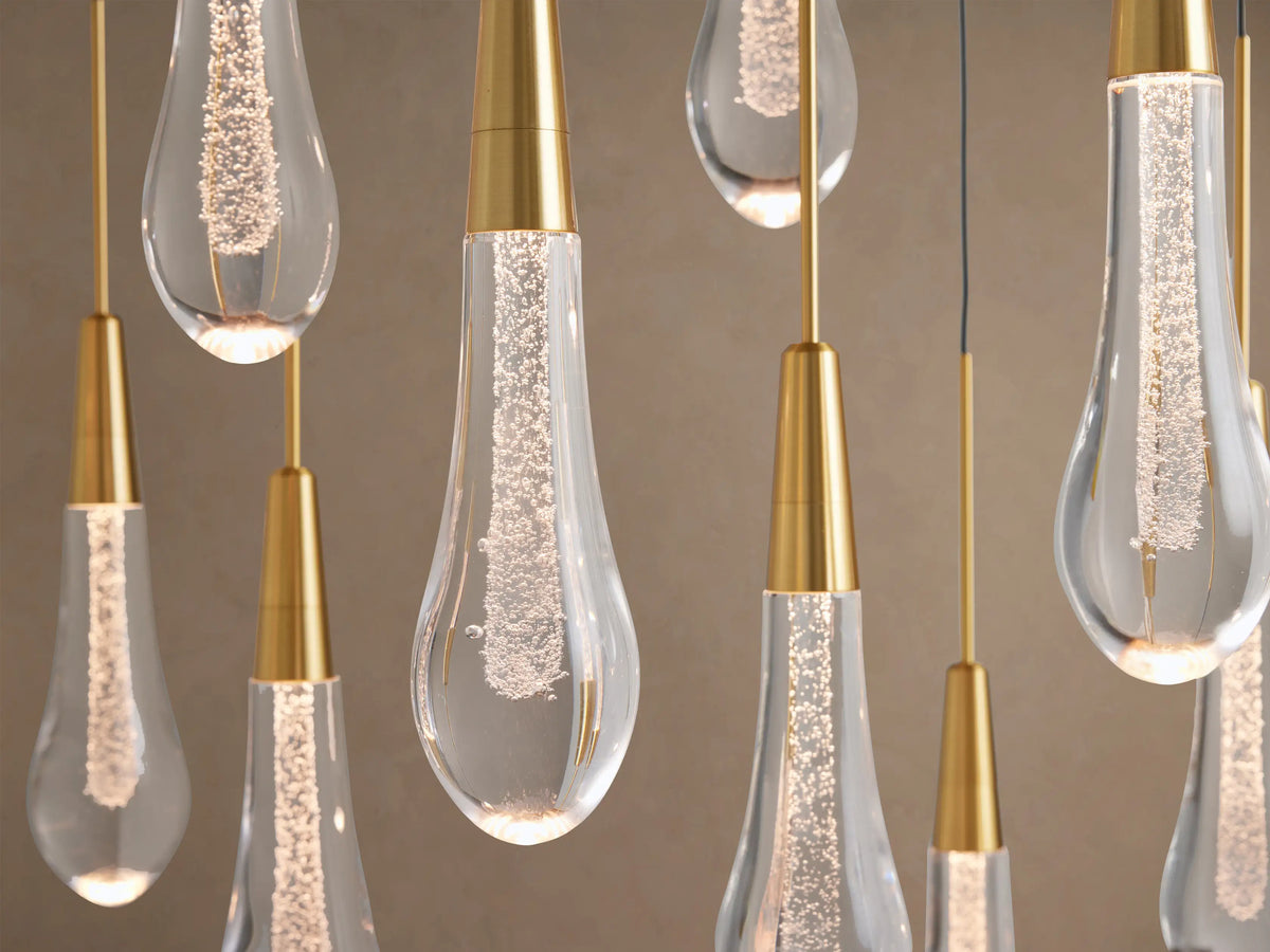 Linear LED Chandelier with Textured Glass Drops – Adjustable Height – Brass Bronze Nickel – 37 to 120 Inch – Dining Room Kitchen Island | Thomler