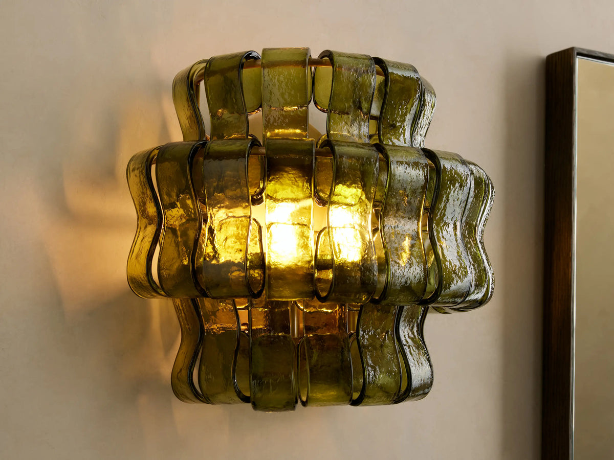 Textured Glass Wall Sconce Light Fixture with Curved Shade for Living Room Bedroom Dining Room | Hardwired 2-Bulb Accent Lighting | Thomler