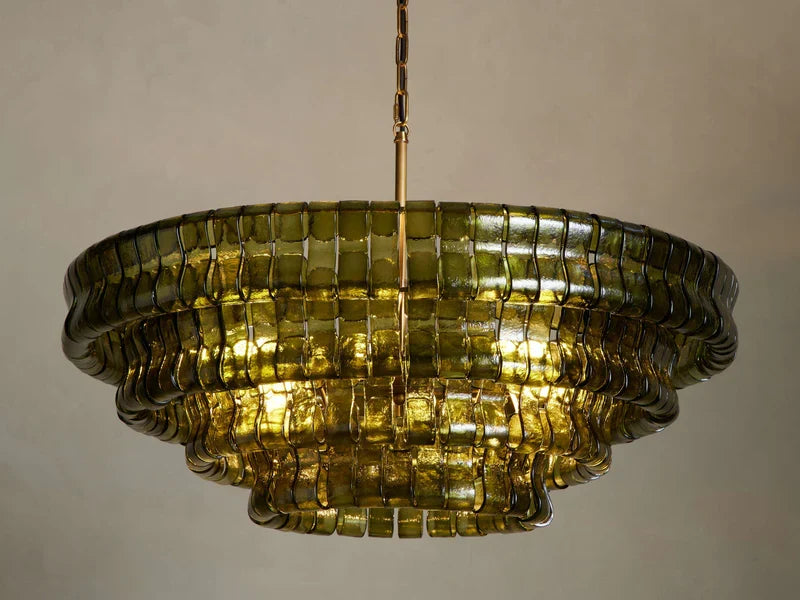 Textured Glass Round Chandelier with Curved Panels in Metallic Finish for Dining Room & Living Room | 24 to 60 Inch | Thomler