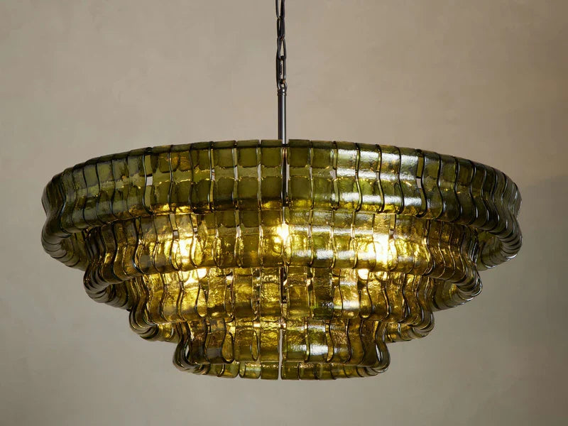 Textured Glass Round Chandelier with Curved Panels in Metallic Finish for Dining Room & Living Room | 24 to 60 Inch | Thomler