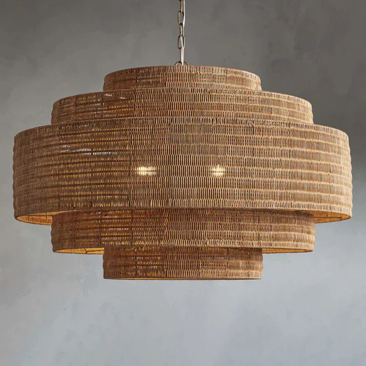 Woven Rattan Ceiling Chandelier with Layered Dome Shade – 28 or 40 Inch Natural Boho Pendant Light for Dining Room, Bedroom, Living Room | Thomler