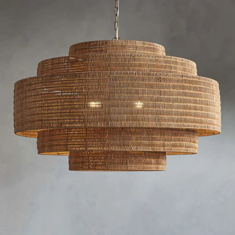 Woven Rattan Ceiling Chandelier with Layered Dome Shade – 28 or 40 Inch Natural Boho Pendant Light for Dining Room, Bedroom, Living Room | Thomler