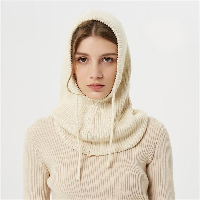 Hooded Knit Hat with Drawstring Adjustable Fit Cold Weather Headwear for Women Fall Season Accessory | Thomler