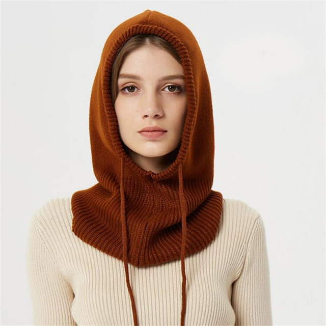 Hooded Knit Hat with Drawstring Adjustable Fit Cold Weather Headwear for Women Fall Season Accessory | Thomler