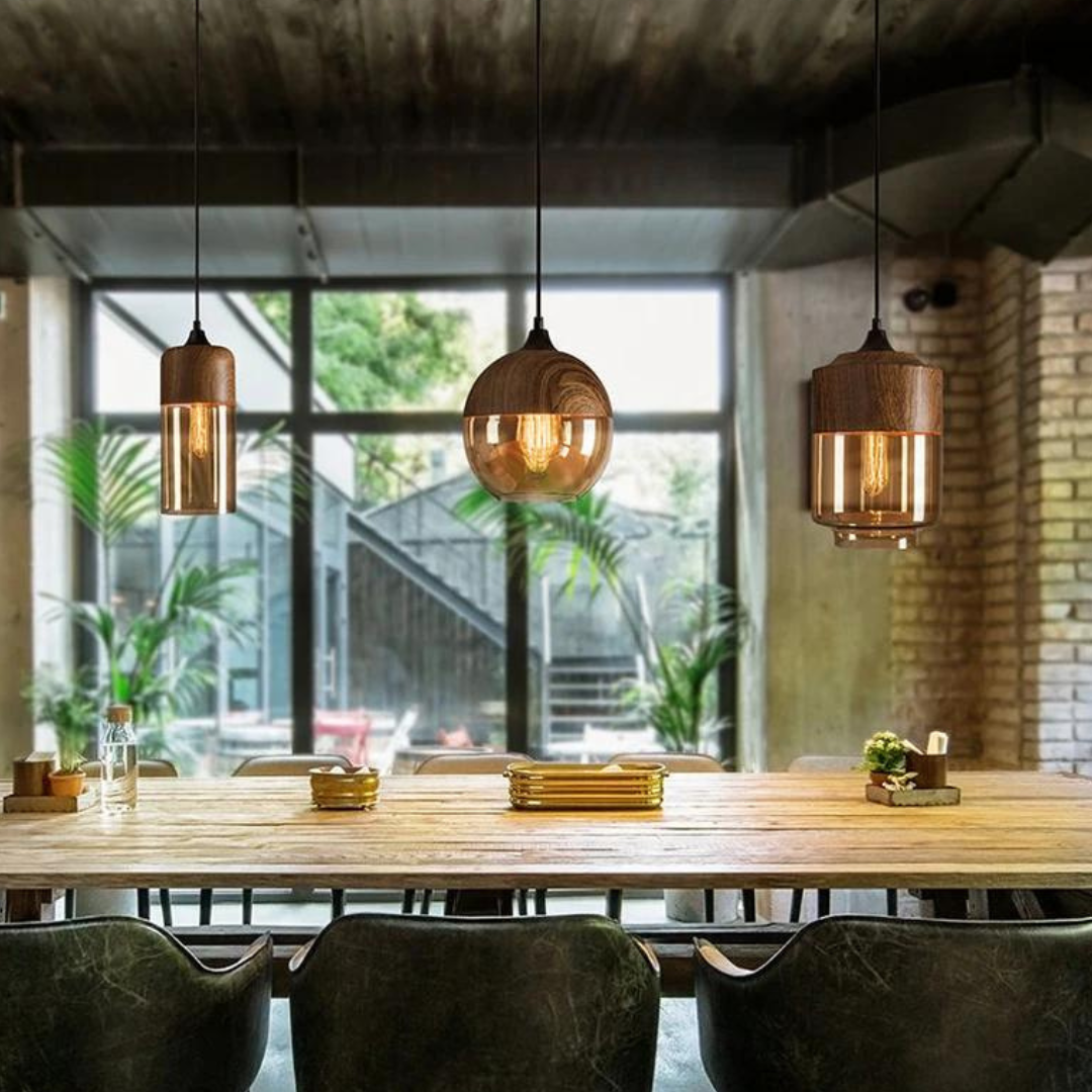 Glass Pendant Light with Wood-Look Metal – Scandinavian Hanging Fixture for Dining Room, Bedroom & Living Room | Thomler