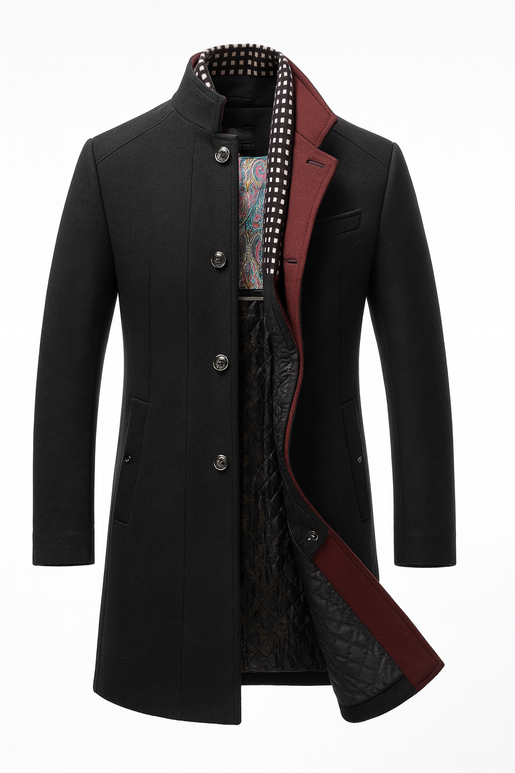 Men's Insulated Topcoat with Stand Collar & Quilted Interior – Classic Mid-Length Outerwear for Business & Casual | Thomler