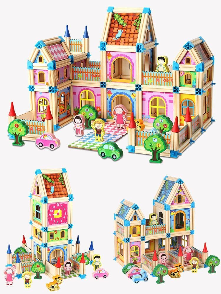 Wooden Modular Dollhouse Construction Set – Creative Building Activity for Kids Age 2+ with Architectural Pieces, Doors & Windows | Thomler
